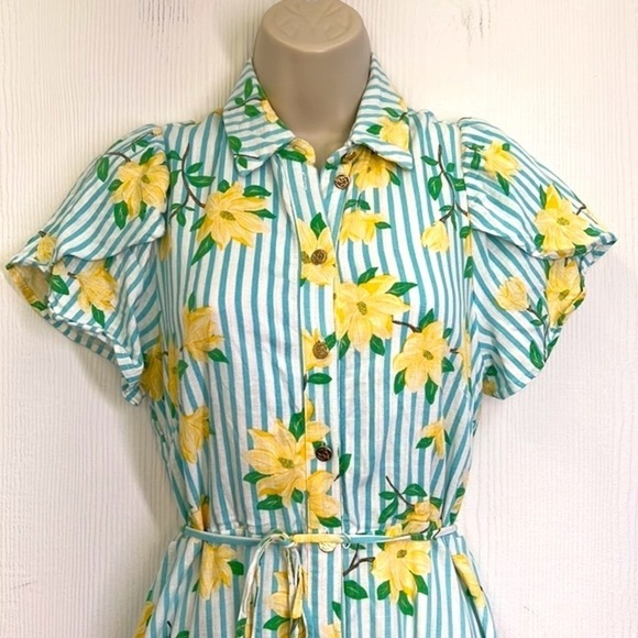 Draper James RSVP - Yellow Magnolia Teal Stripe Button Down Shirt Maxi Dress XS - Picture 3 of 13